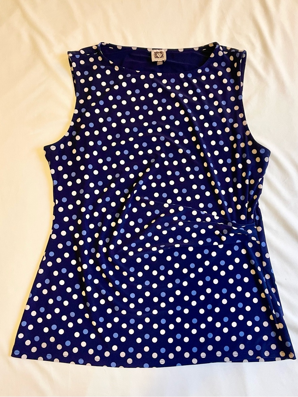 Anne Klein Navy and Polka Dot Twist-Front Sleeveless Blouse